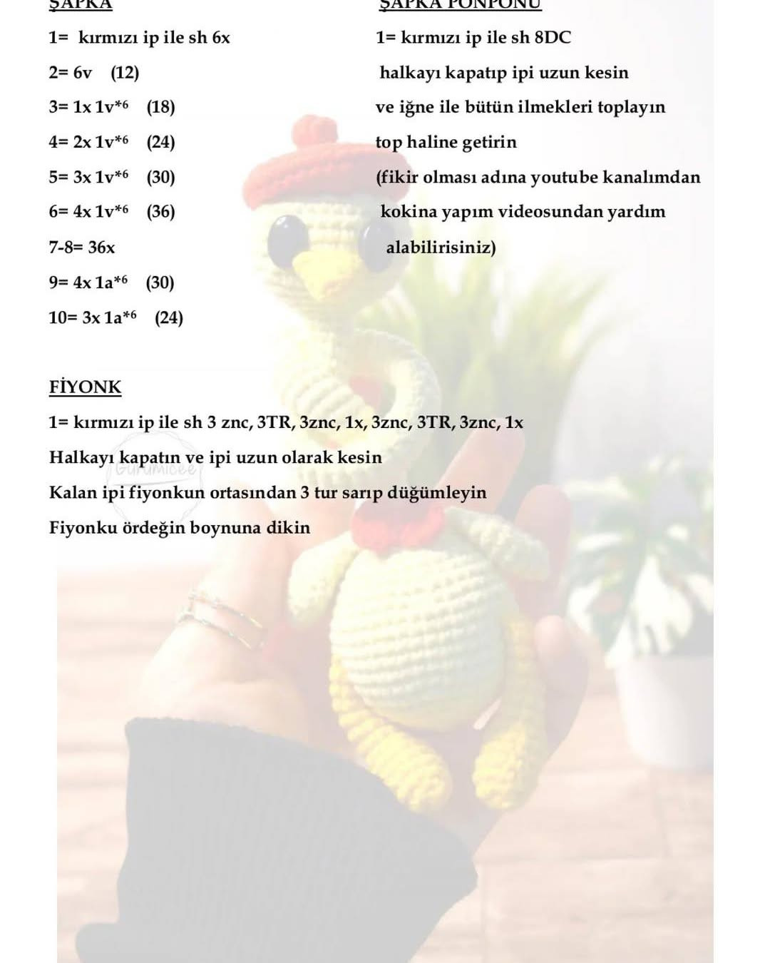 Amigurumi ördek Türkçe ve İngilizce tarifi - kırmızı şapkalı sarı ördek bebek