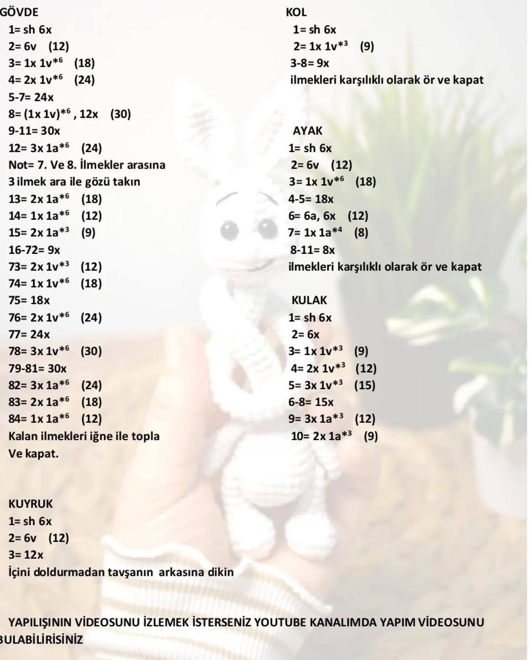 Amigurumi Rabbit Crochet Pattern: Free English and Turkish Instructions for White Bunny Doll