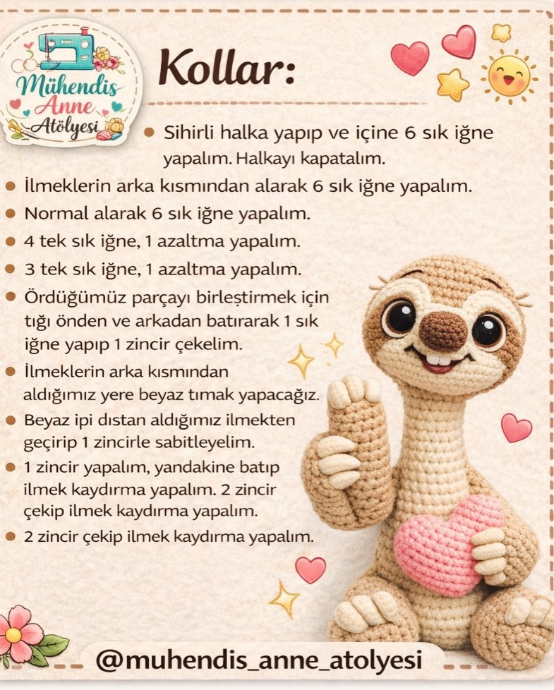 Amigurumi Sid Tarifi: Gövde, Baş, Ayaklar, Kollar, Gözler ve Burun Örgü Talimatları