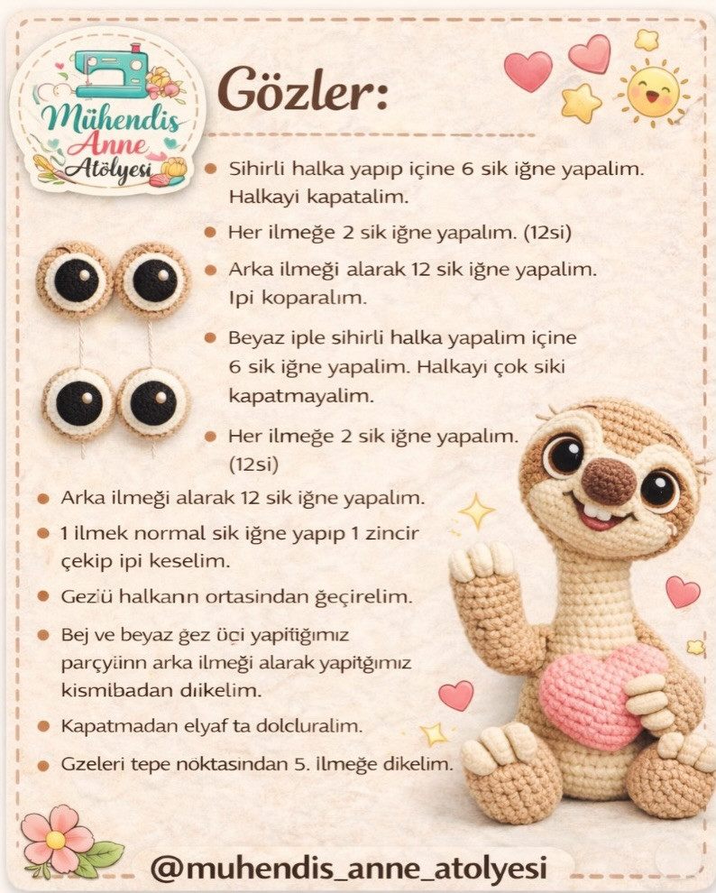 Amigurumi Sid Tarifi: Gövde, Baş, Ayaklar, Kollar, Gözler ve Burun Örgü Talimatları
