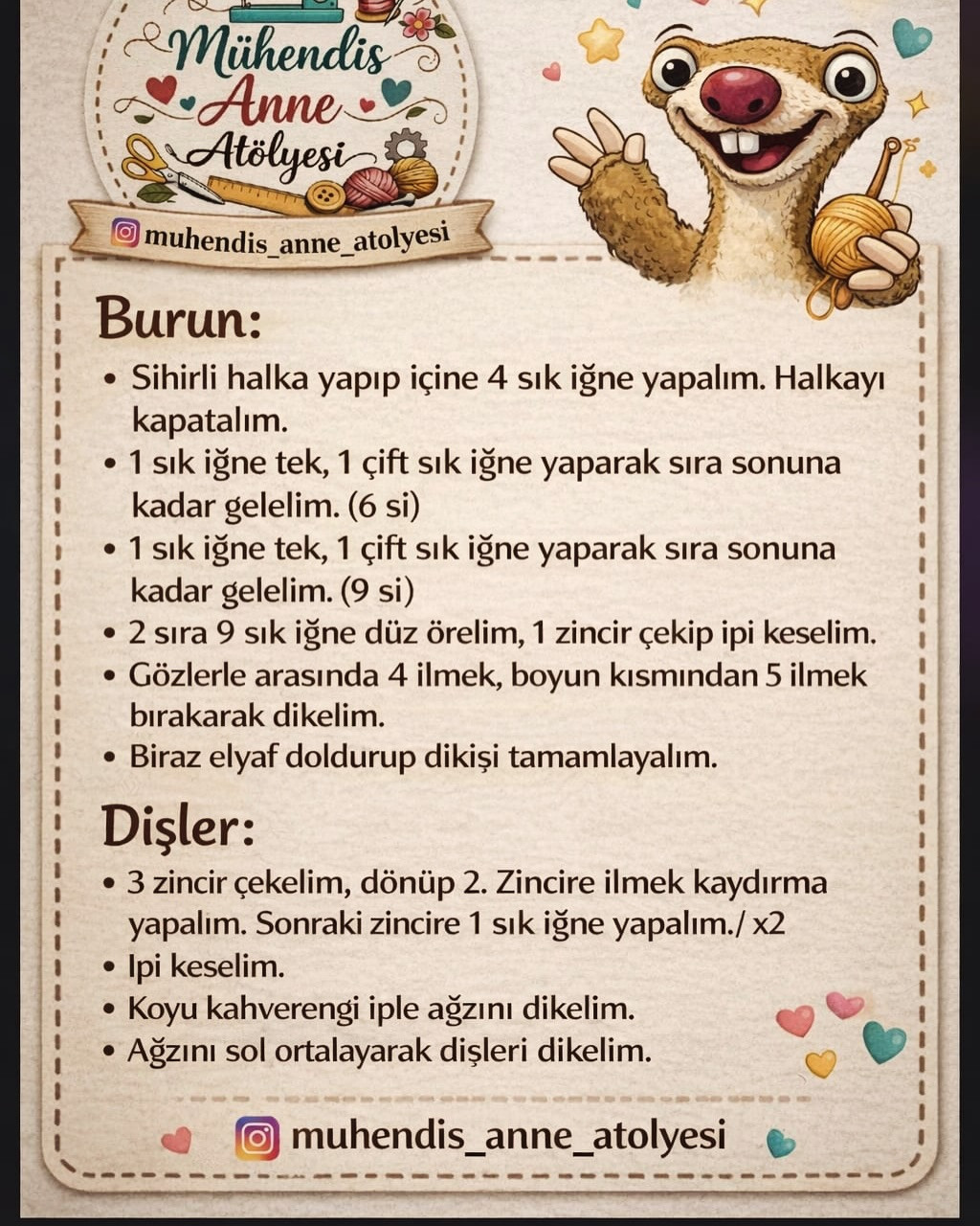 Amigurumi Sid Tarifi: Gövde, Baş, Ayaklar, Kollar, Gözler ve Burun Örgü Talimatları