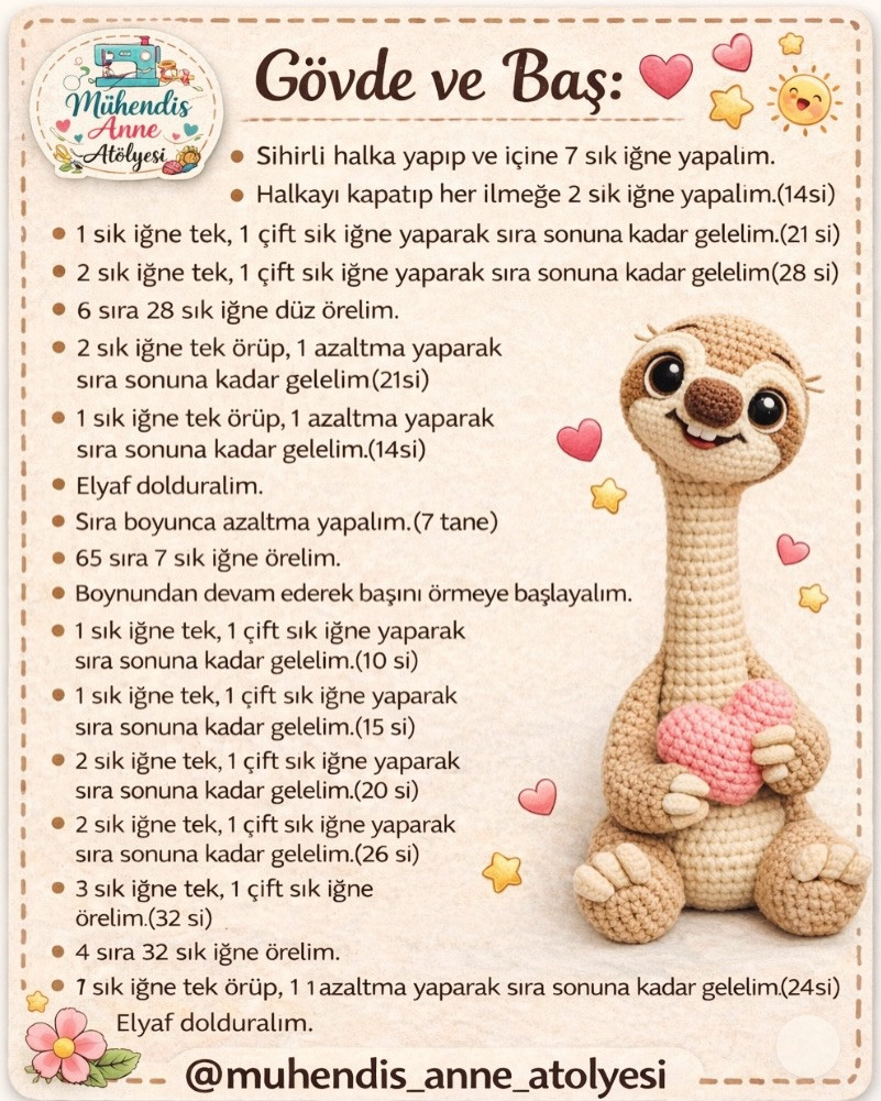 Amigurumi Sid Tarifi: Gövde, Baş, Ayaklar, Kollar, Gözler ve Burun Örgü Talimatları