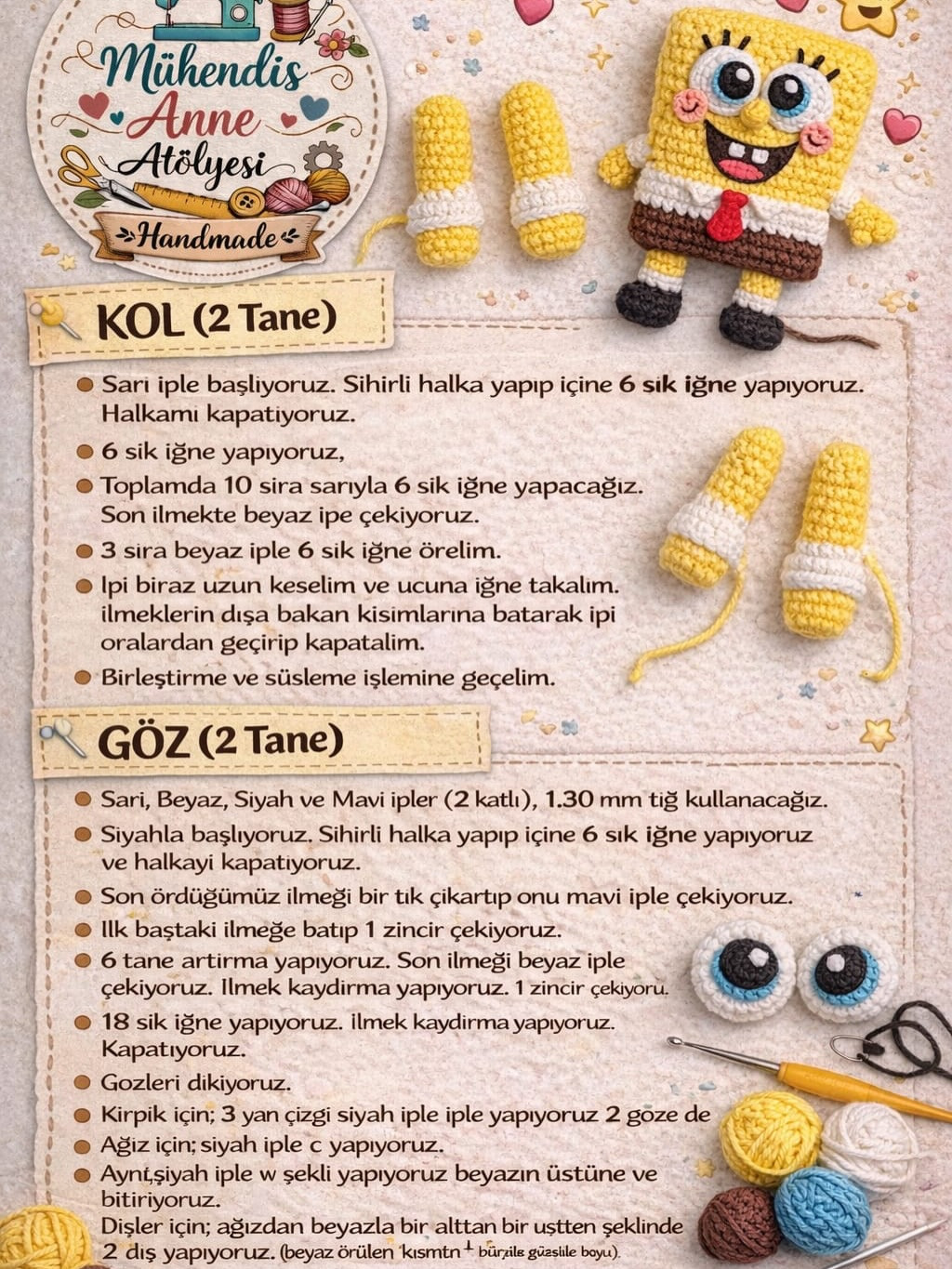 Amigurumi Sünger Bob Anahtarlık Mök Len Dersesi: Gövde, Ayak, Kol ve Göz Adım Adım Yapım