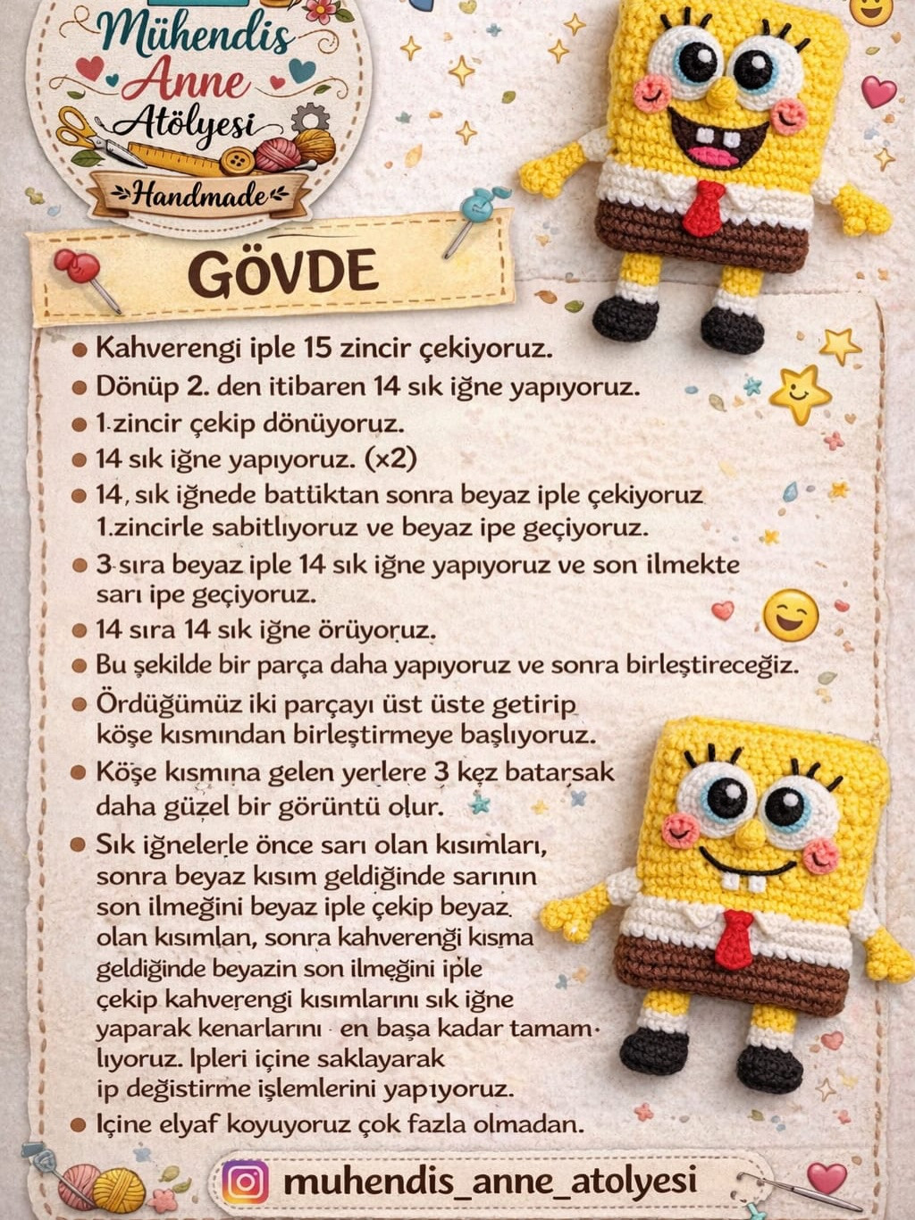 Amigurumi Sünger Bob Anahtarlık Mök Len Dersesi: Gövde, Ayak, Kol ve Göz Adım Adım Yapım