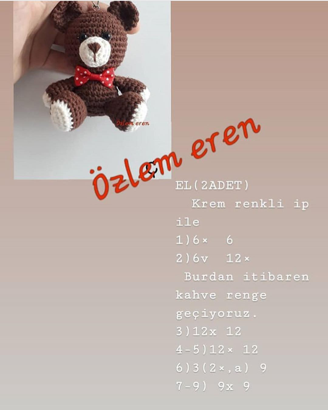 Anahtarlık Tarifi - Gấu Móc Len Nhỏ Màu Nâu với Nơ Đỏ