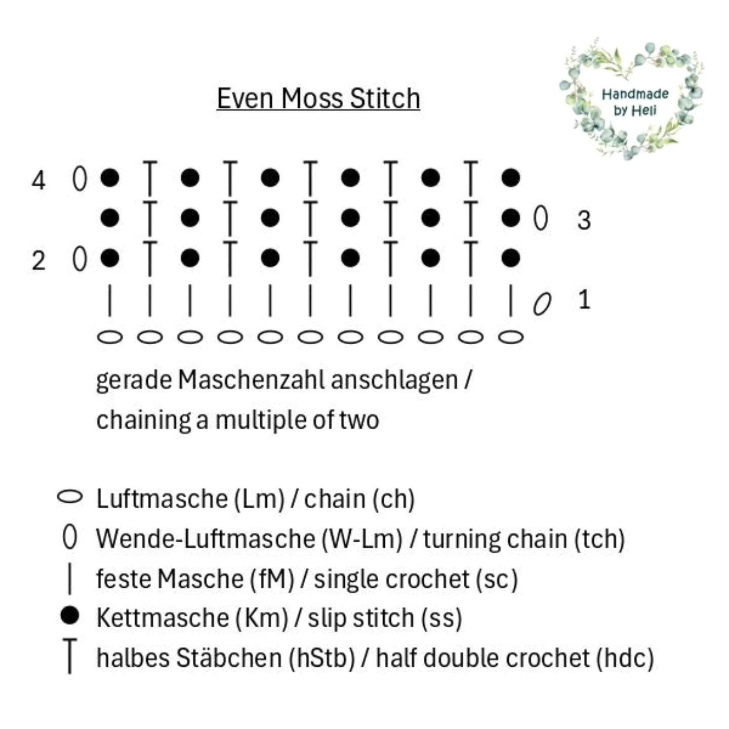 Anleitung Even Moss Stitch - Häkelanleitung und Chart für Muster