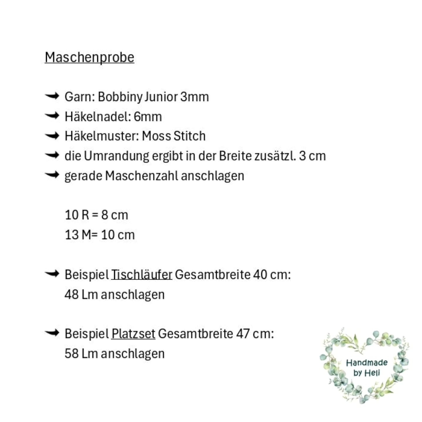 Anleitung für Platzset und Tischläufer mit Moss Stitch Muster, Garn Bobbiny Junior 3mm, Häkelnadel 6mm