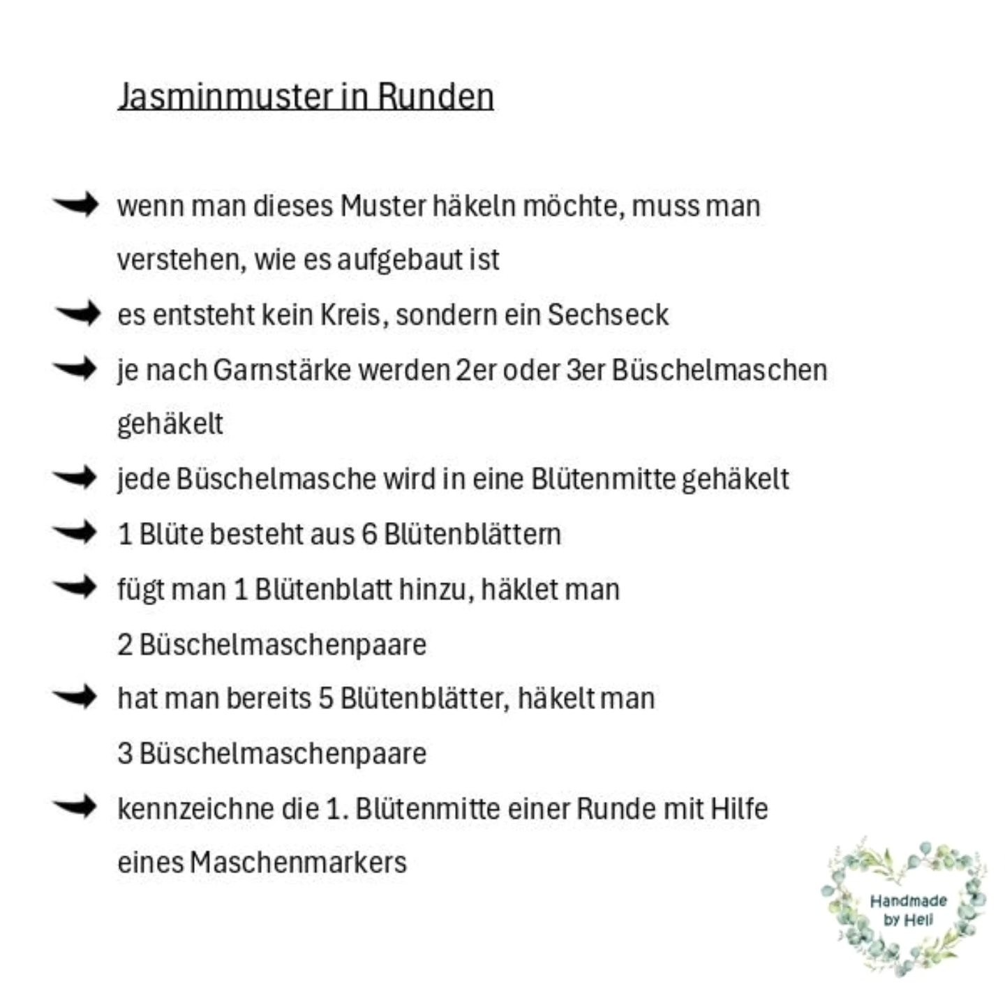 Anleitung Jasminmuster häkeln in Runden mit Diagramm und Schritt-für-Schritt Beschreibung