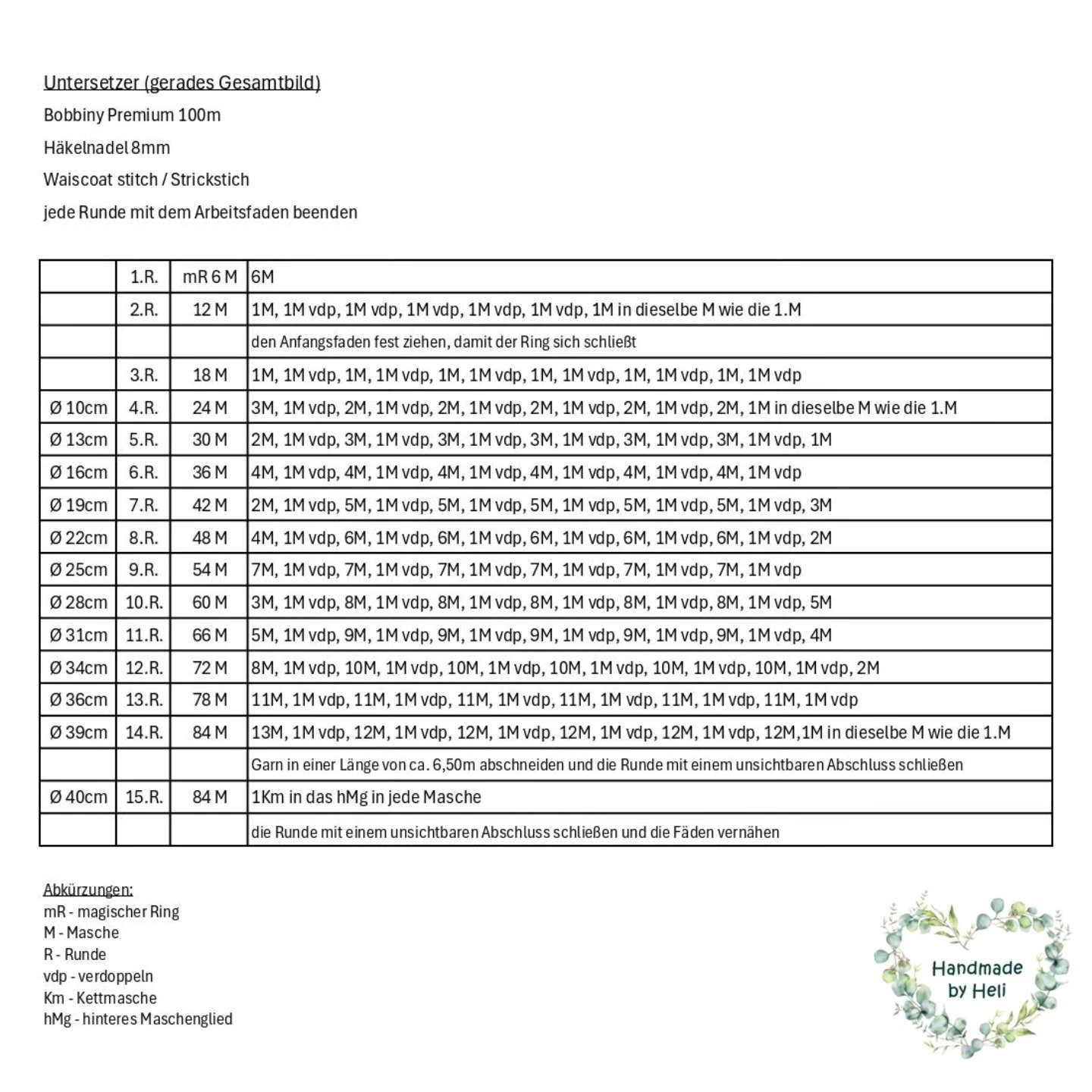 Anleitung Maschenzunahme Untersetzer 40 cm Durchmesser - gerades Gesamtbild