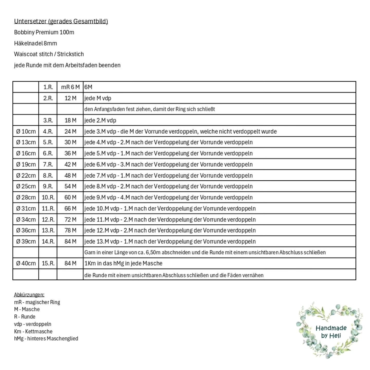 Anleitung Maschenzunahme Untersetzer 40 cm Durchmesser - gerades Gesamtbild