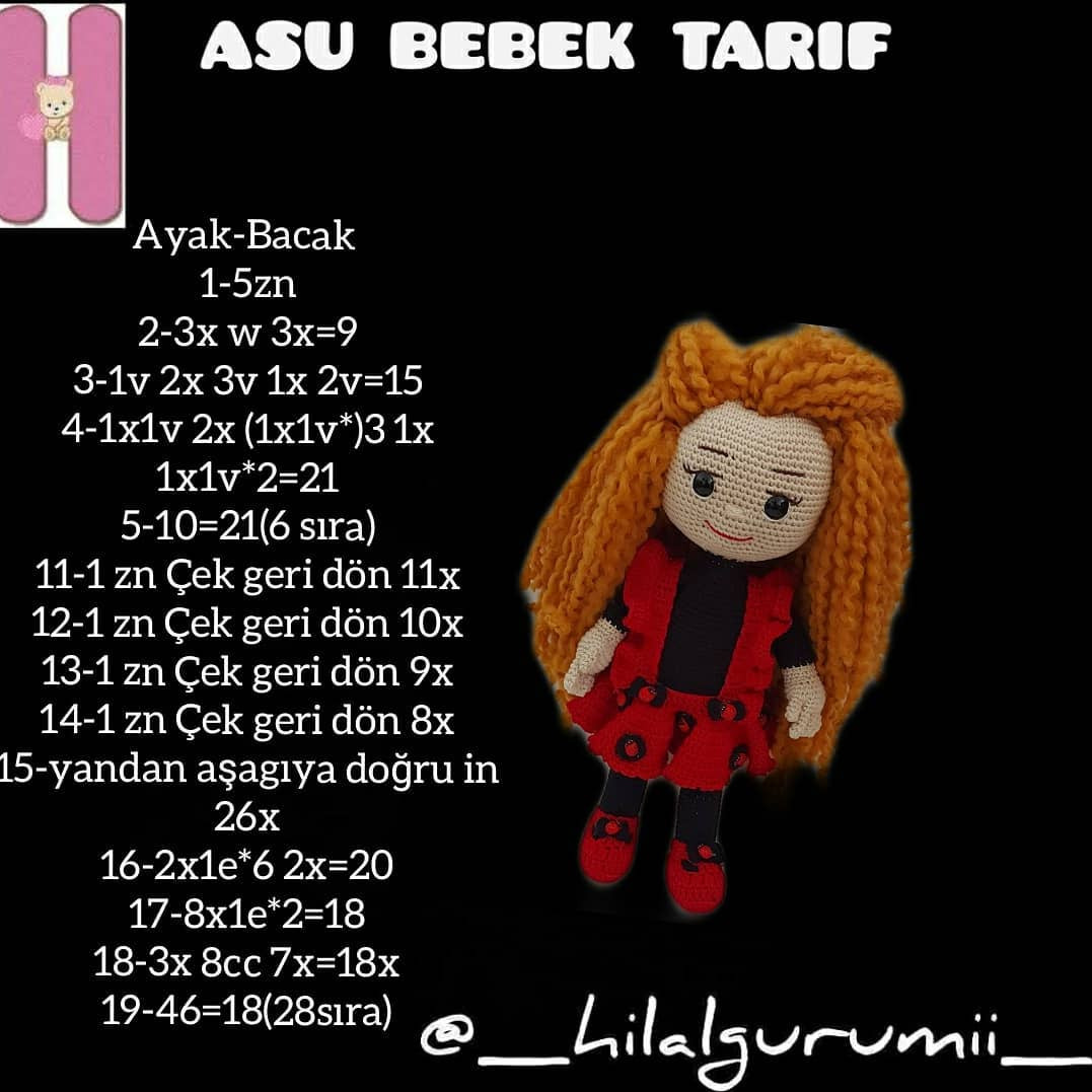 Asu Bebek Tarifi: Amigurumi Doll Crochet Pattern for Long-Haired Girl with Red Dress