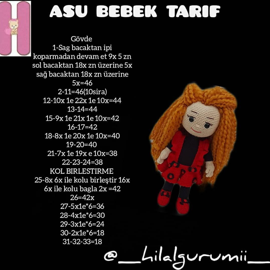 Asu Bebek Tarifi: Amigurumi Doll Crochet Pattern for Long-Haired Girl with Red Dress