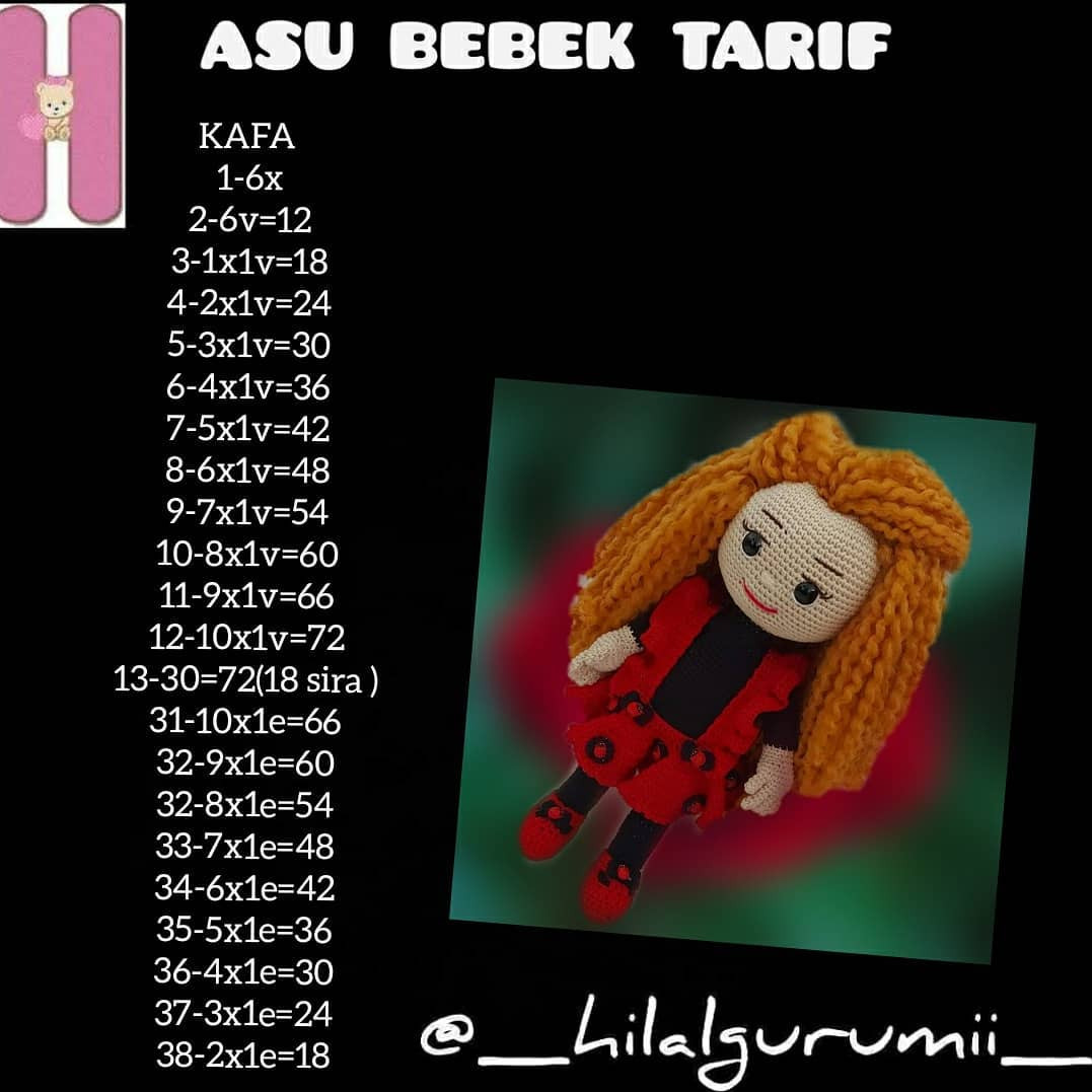 Asu Bebek Tarifi: Amigurumi Doll Crochet Pattern for Long-Haired Girl with Red Dress