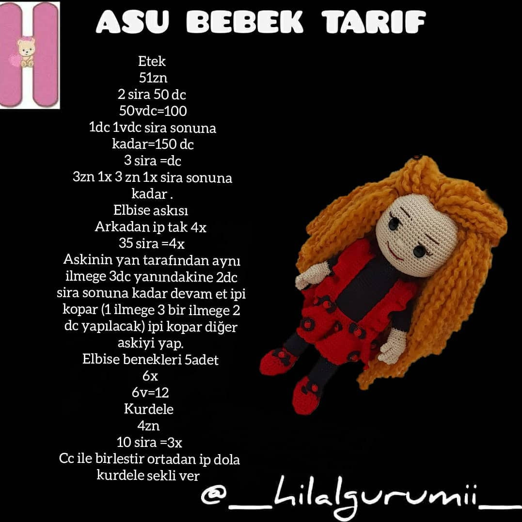 Asu Bebek Tarifi: Amigurumi Doll Crochet Pattern for Long-Haired Girl with Red Dress