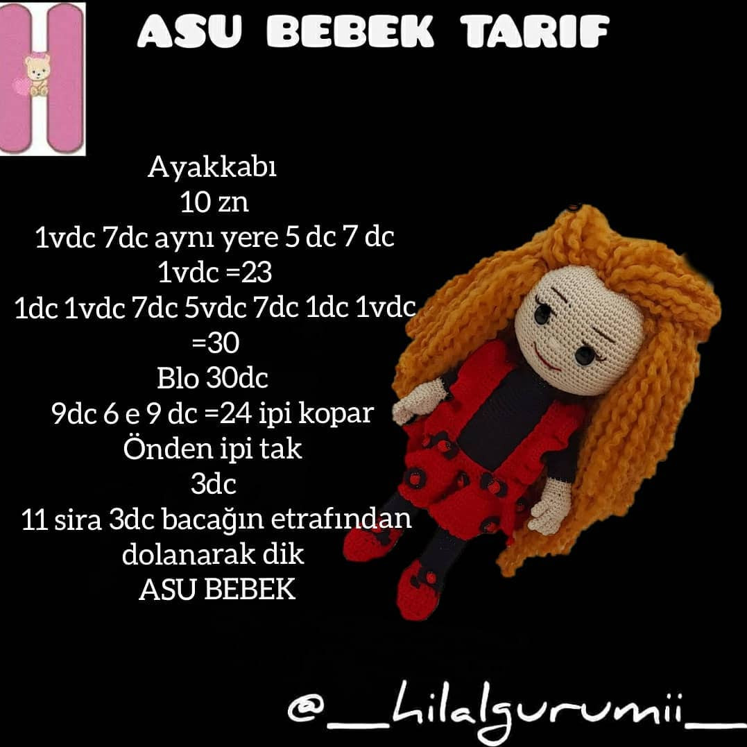 Asu Bebek Tarifi: Amigurumi Doll Crochet Pattern for Long-Haired Girl with Red Dress