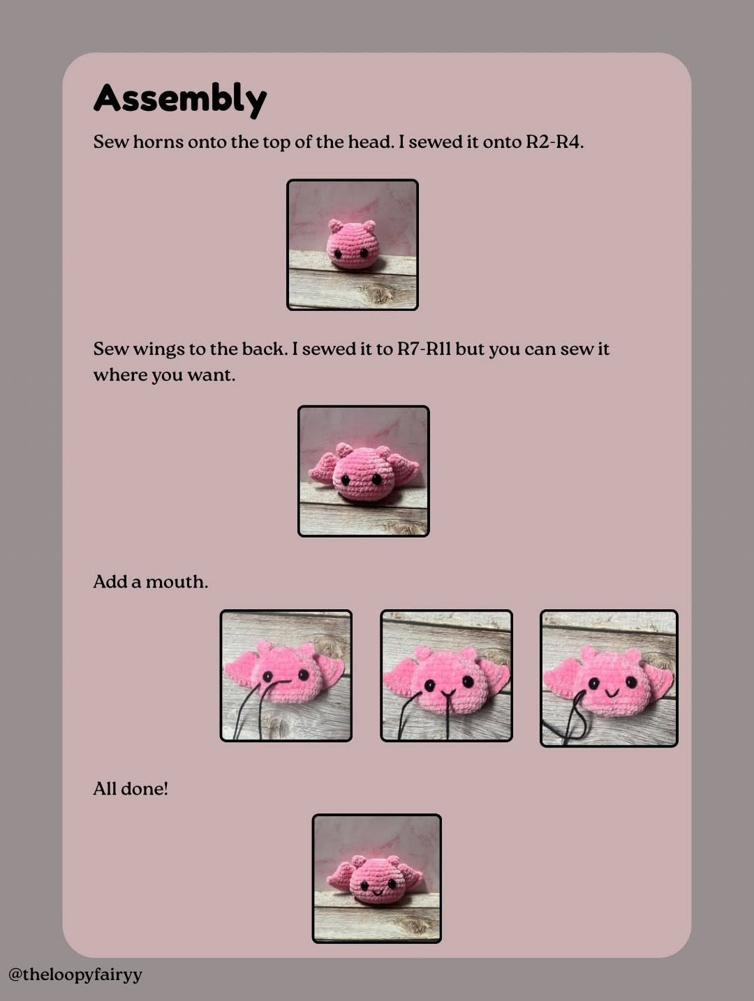 Baby Bat Free Crochet Pattern - Cute Pink Amigurumi Plushie Tutorial with Horns and Wings