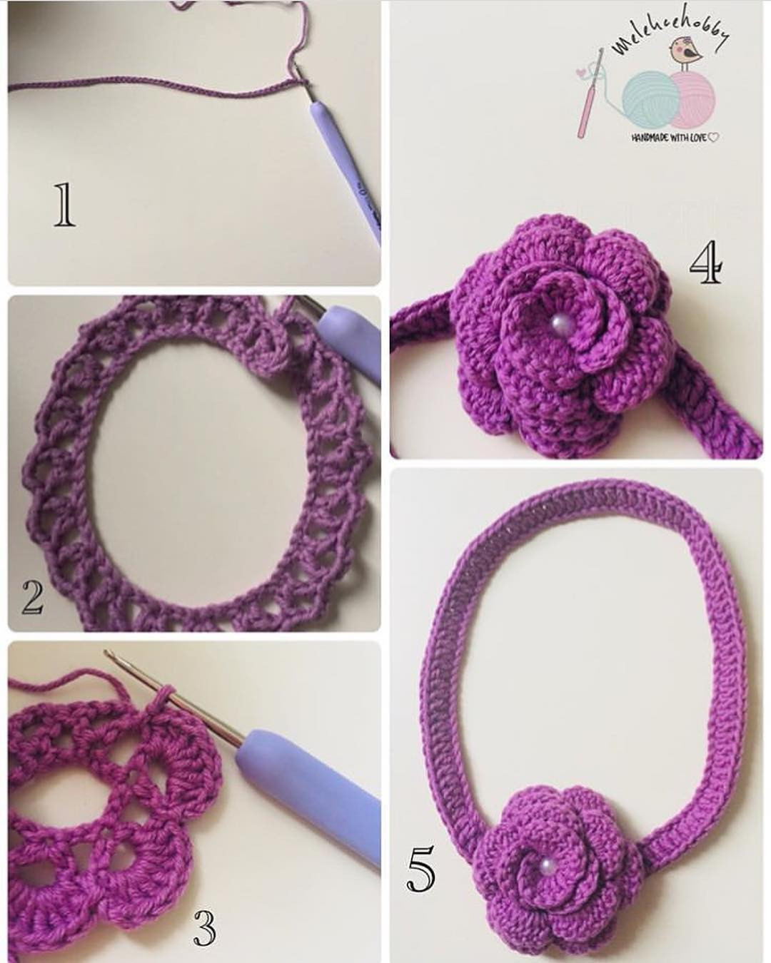 Bandana Tarifi ve Yaprak Tarifi: Móc len băng đô hoa hồng màu tím và vàng kèm lá xanh