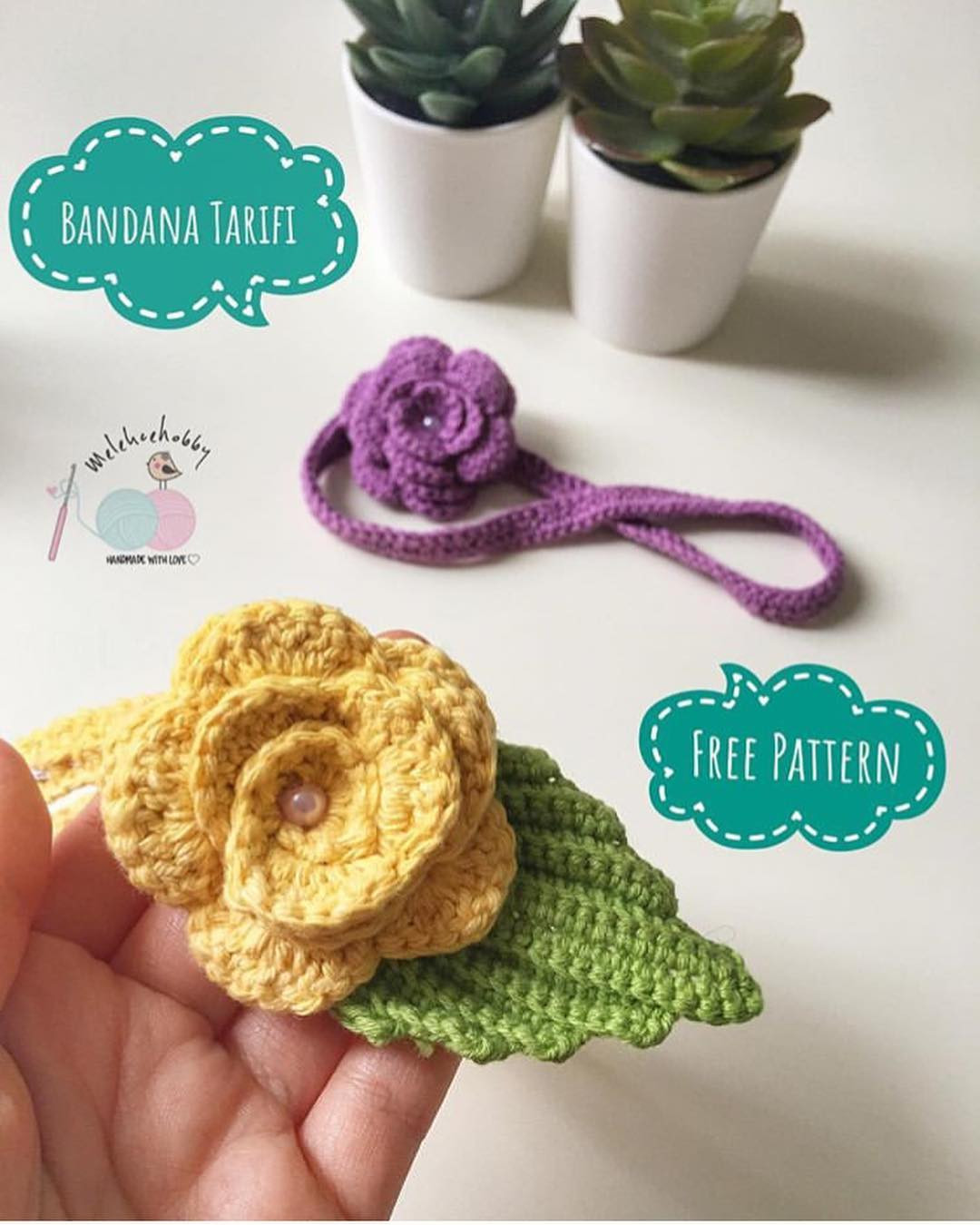 Bandana Tarifi ve Yaprak Tarifi: Móc len băng đô hoa hồng màu tím và vàng kèm lá xanh