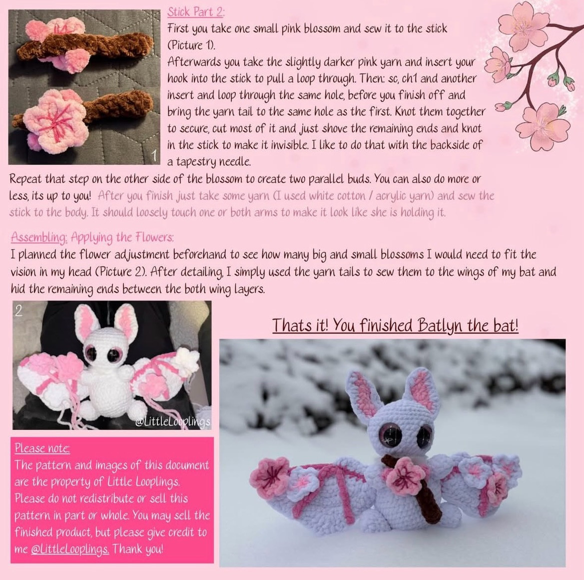 Batlyn the Cherry Blossom Bat Free Amigurumi Crochet Pattern