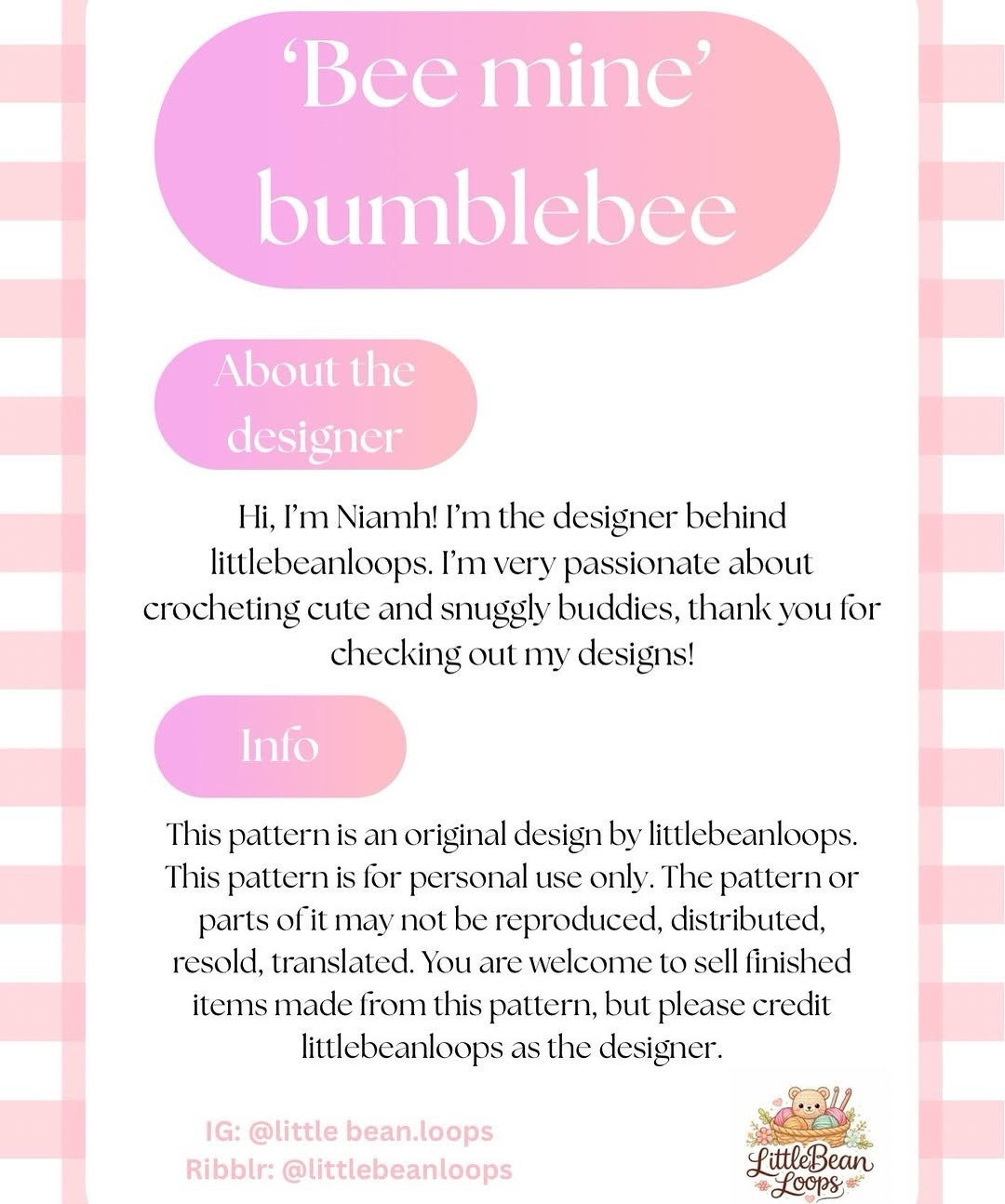 'Bee mine' bumblebee: Free pink amigurumi crochet pattern with red wings by littlebeanloops