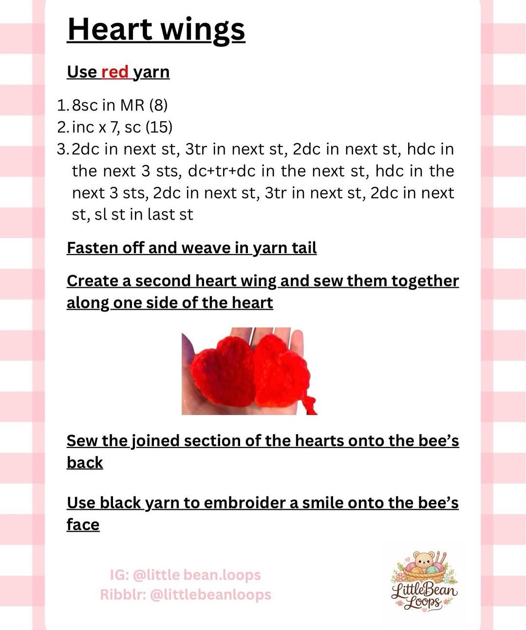 'Bee mine' bumblebee: Free pink amigurumi crochet pattern with red wings by littlebeanloops