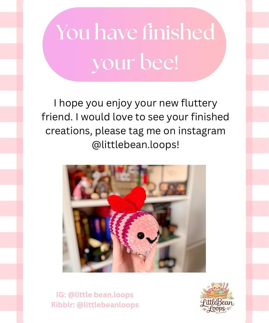 'Bee mine' bumblebee: Free pink amigurumi crochet pattern with red wings by littlebeanloops