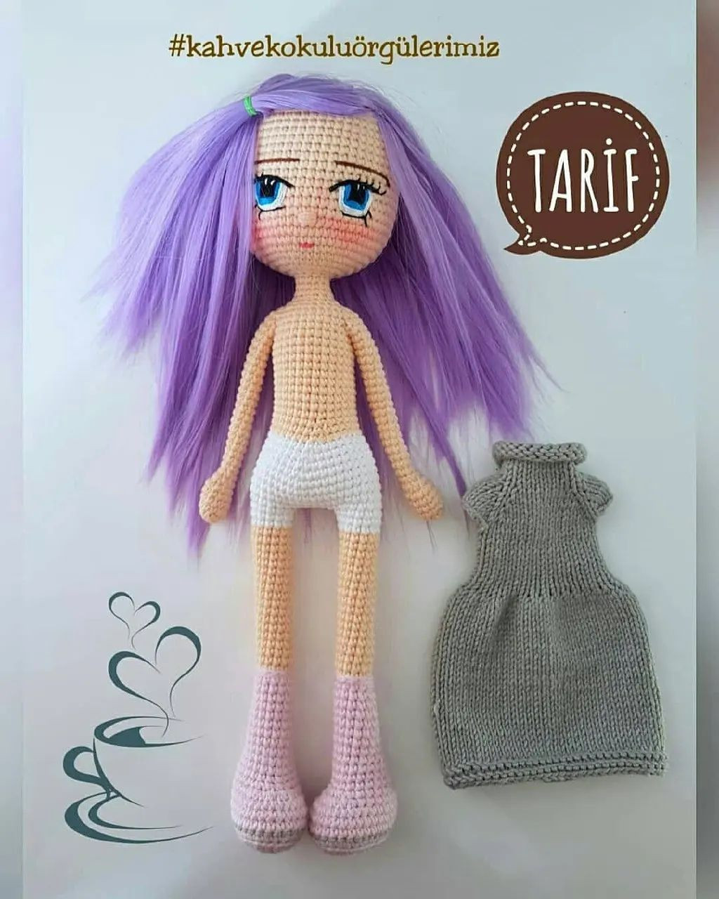 Bella Bebek Elbisesi, Atkı ve Bere Örgü Tarifi - Kartopu Amigurumi Kız Çocuk için Gri Kıyafet Seti