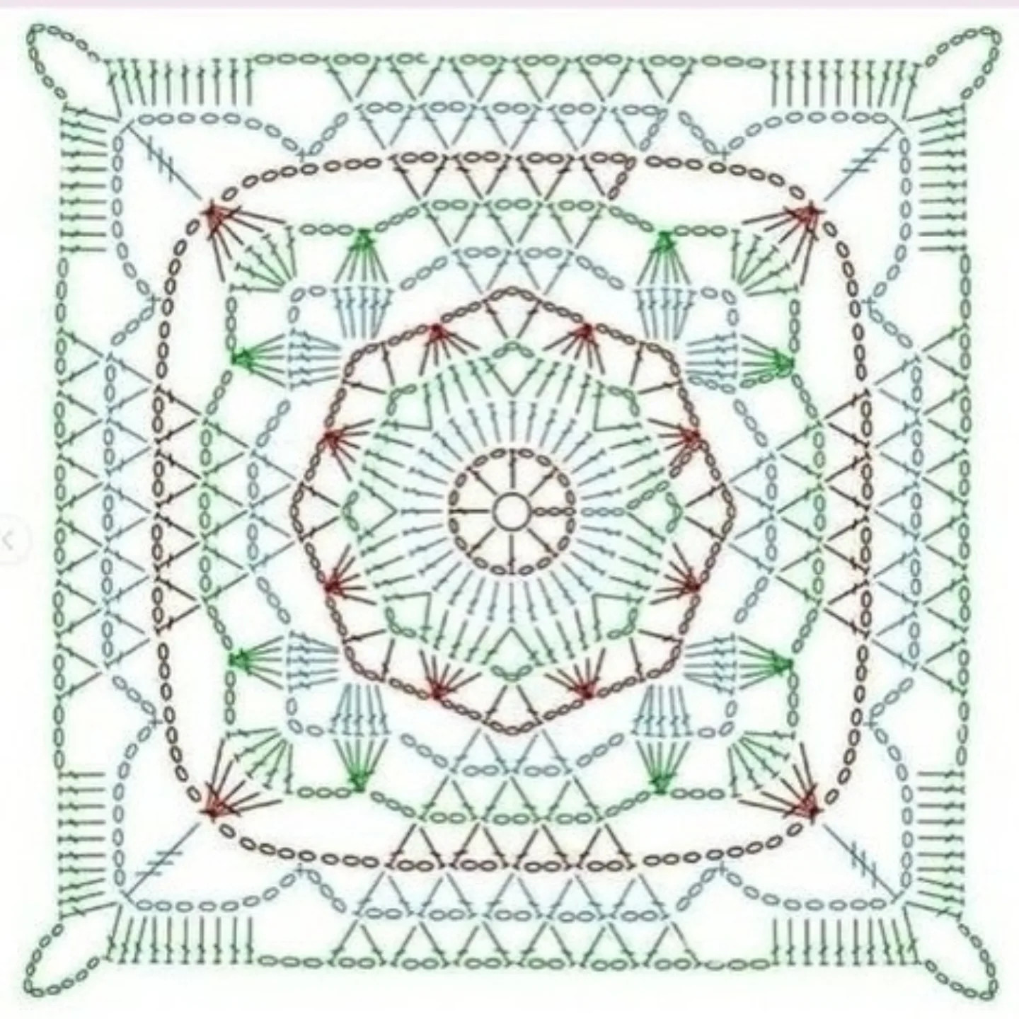 Bộ sưu tập các mẫu biểu đồ móc len (crochet charts) cho motif hình vuông với họa tiết hoa văn tinh xảo và đa dạng màu sắc
