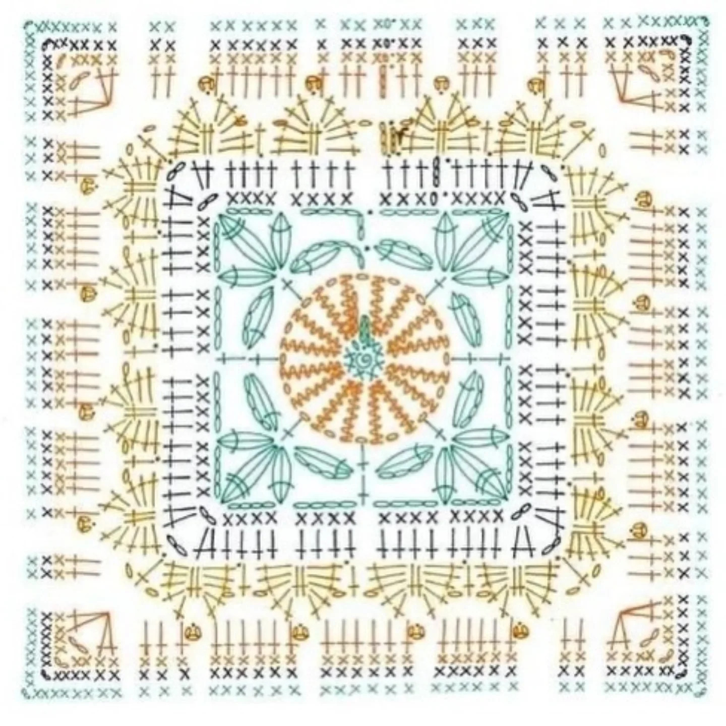 Bộ sưu tập các mẫu biểu đồ móc len (crochet charts) cho motif hình vuông với họa tiết hoa văn tinh xảo và đa dạng màu sắc