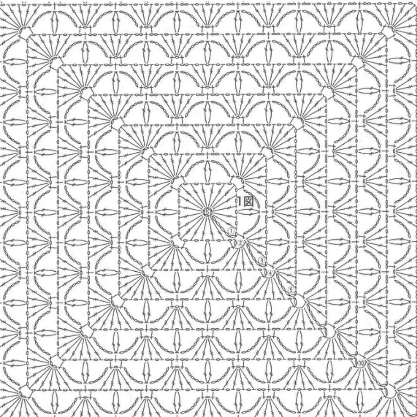 Bộ sưu tập các mẫu biểu đồ móc len (crochet charts) cho motif hình vuông với họa tiết hoa văn tinh xảo và đa dạng màu sắc