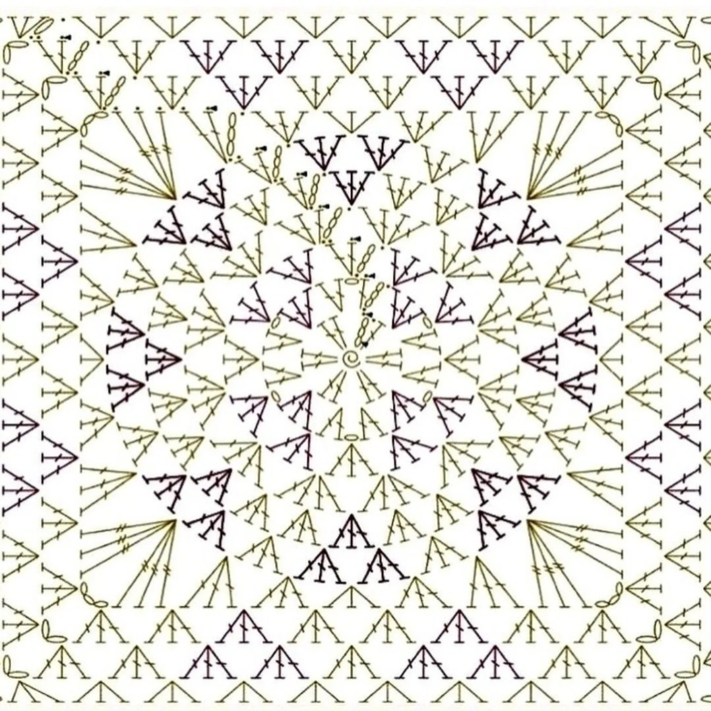Bộ sưu tập các mẫu biểu đồ móc len (crochet charts) cho motif hình vuông với họa tiết hoa văn tinh xảo và đa dạng màu sắc