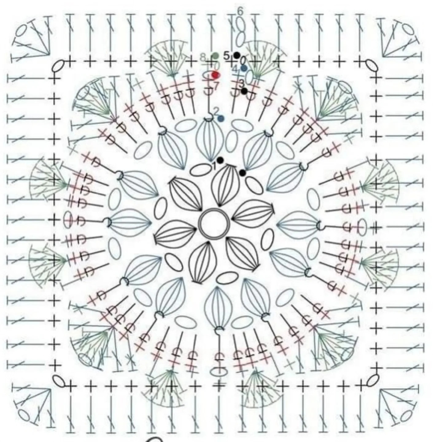Bộ sưu tập các mẫu biểu đồ móc len (crochet charts) cho motif hình vuông với họa tiết hoa văn tinh xảo và đa dạng màu sắc