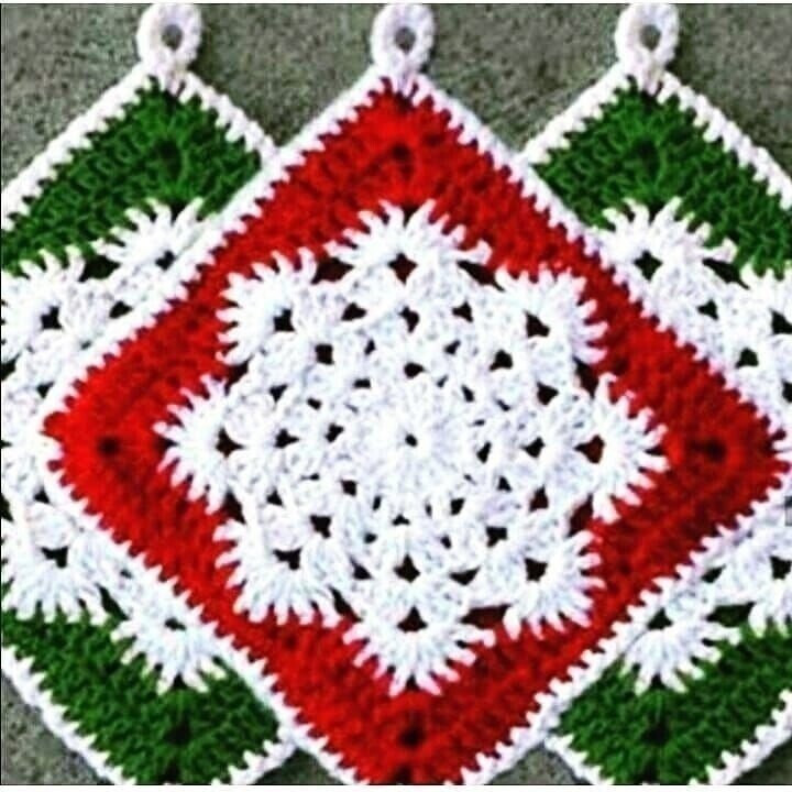 Bright crocheted potholders: yellow hexagon, floral round, and red-green diamond patterns with charts