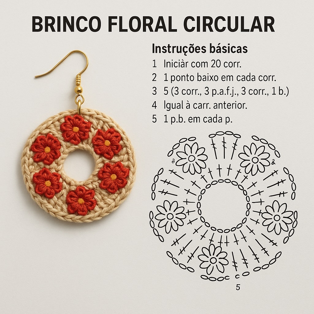 Brincos Crochê: Chart Floral Circular, Leque Colorido e Pena Boho