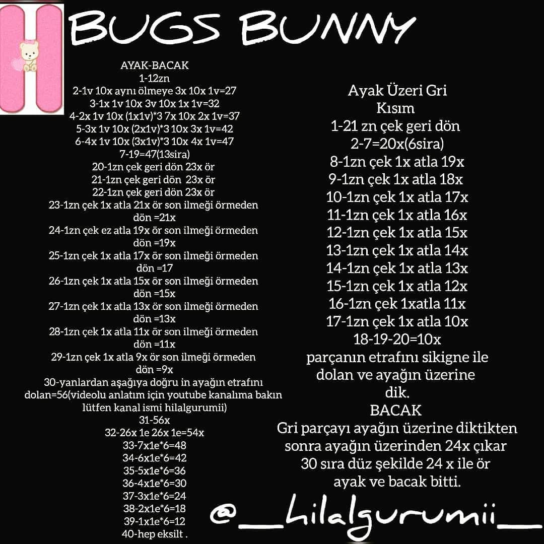 Bugs Bunny Ücretsiz Tarif - Amigurumi Manken Patik Tavşan Örgü Dersleri ve Malzemeler Listesi