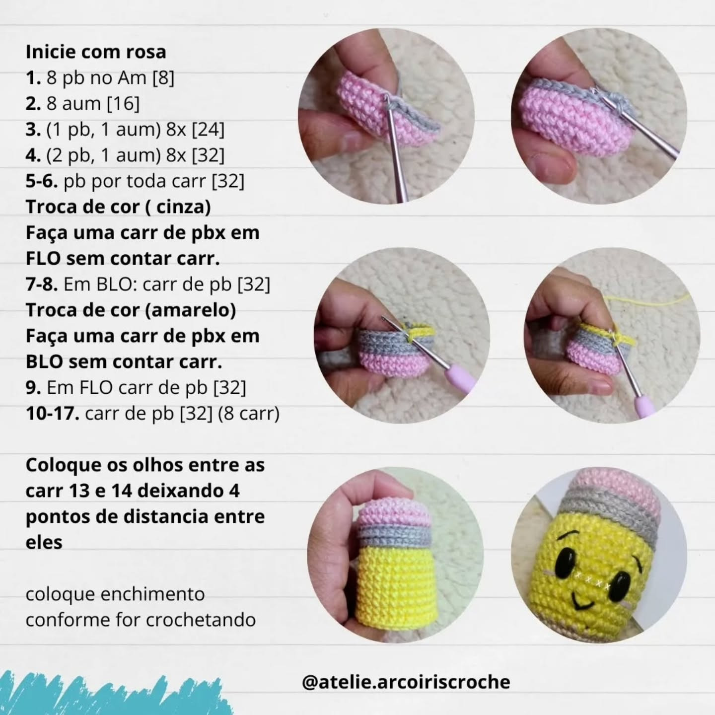 Chaveirinho, o lápis feliz - Receita Gratuita Amigurumi Lápis