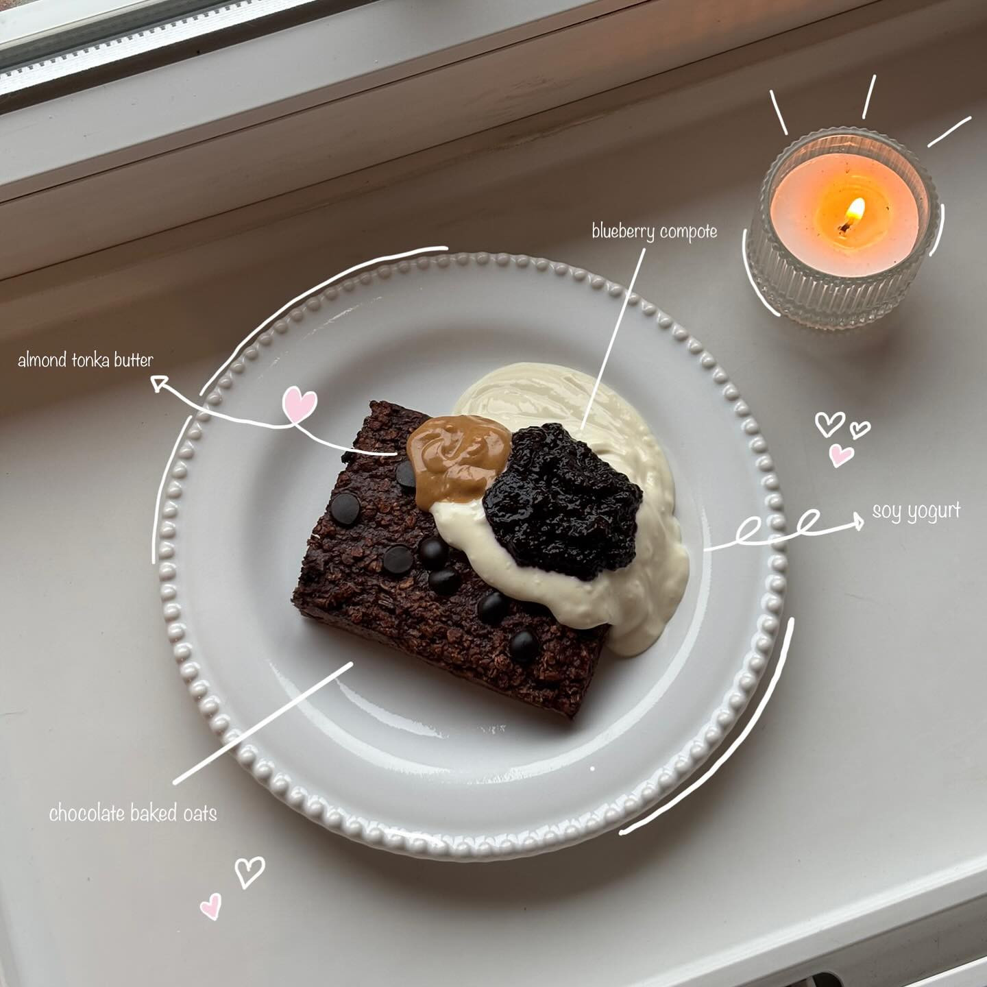 Chocolate Baked Oats with Soy Yogurt, Blueberry Compote and Almond Tonka Butter