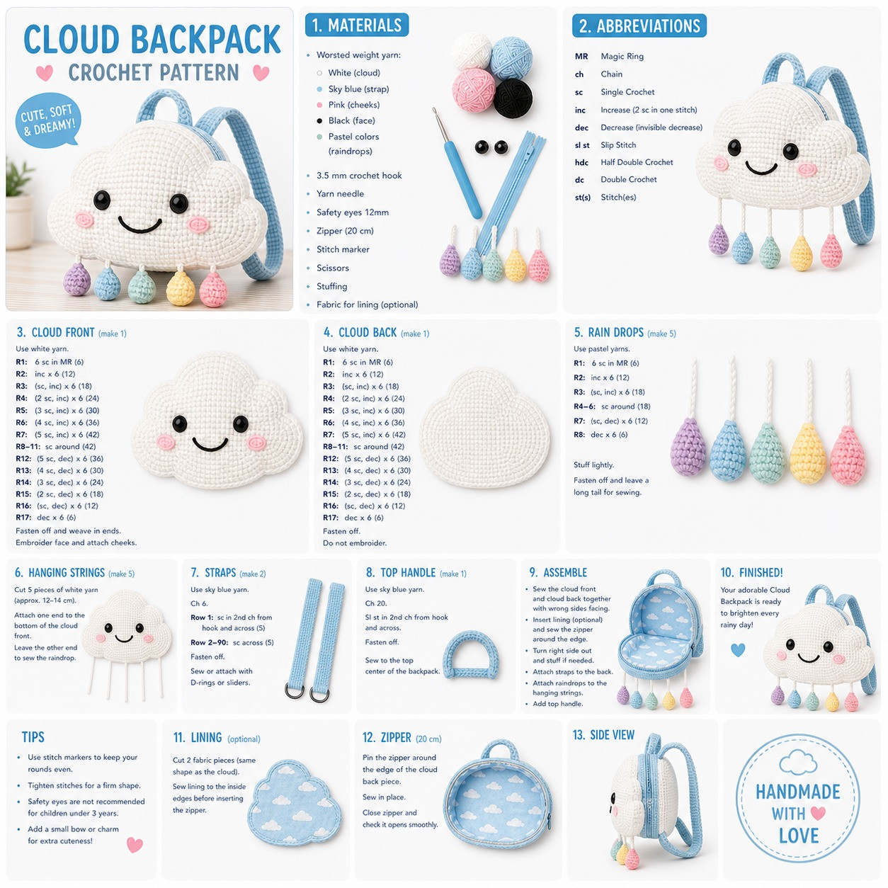 Cloud Backpack Crochet Pattern with Raindrops