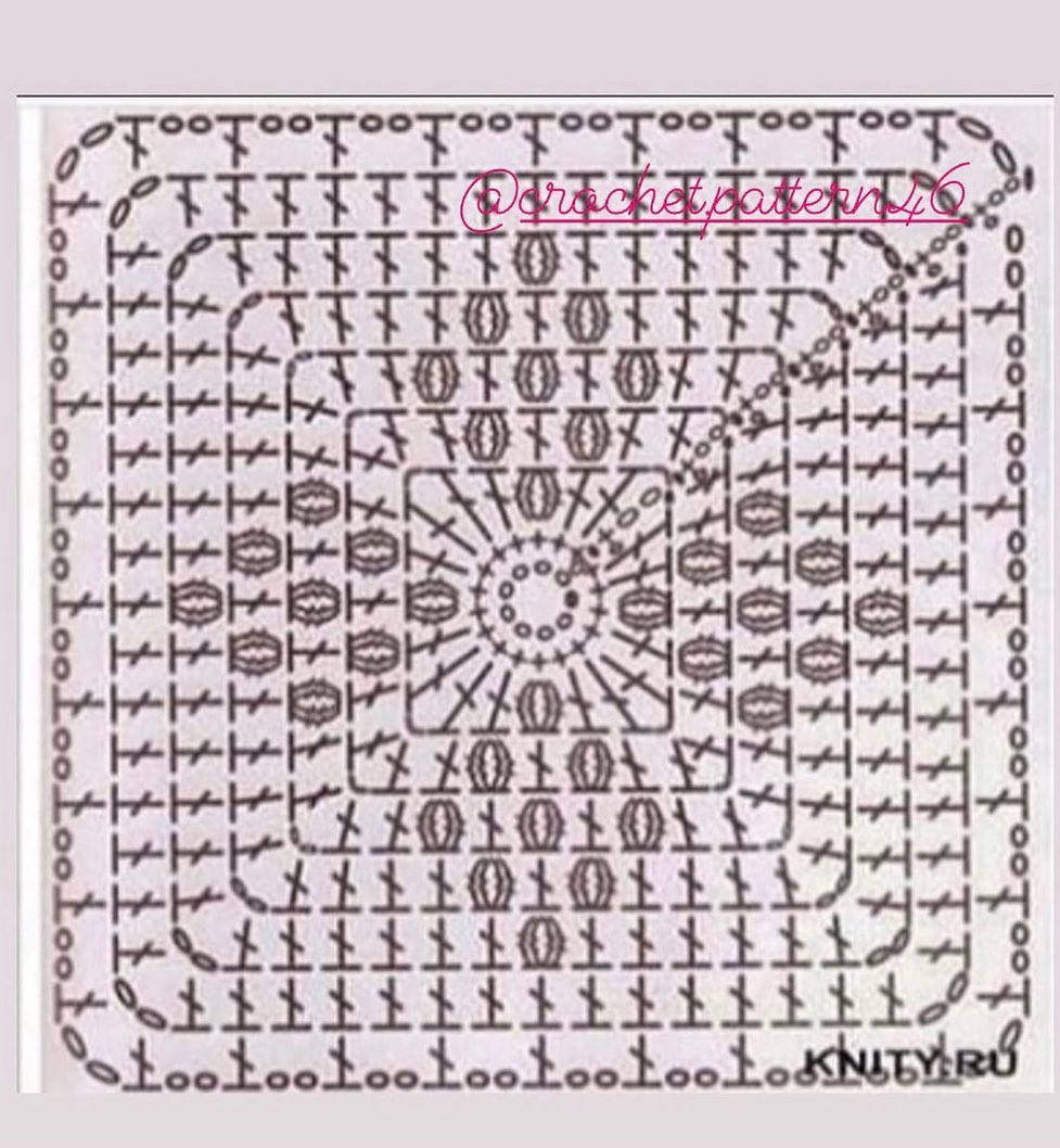 Collection of colorful crochet flat charts and patterns for motifs, including square, star, and flower designs with detailed stitch diagrams