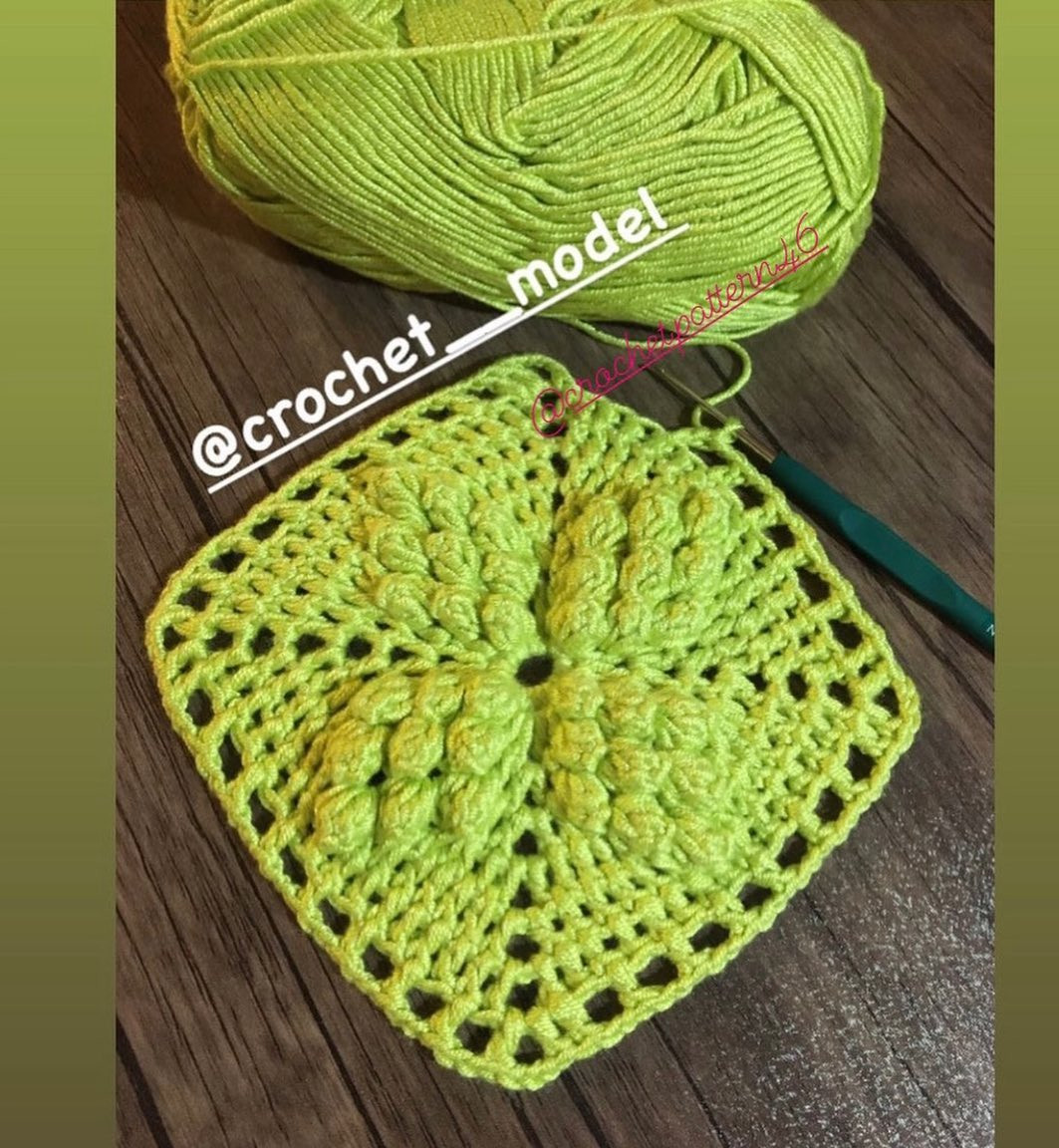 Collection of colorful crochet flat charts and patterns for motifs, including square, star, and flower designs with detailed stitch diagrams