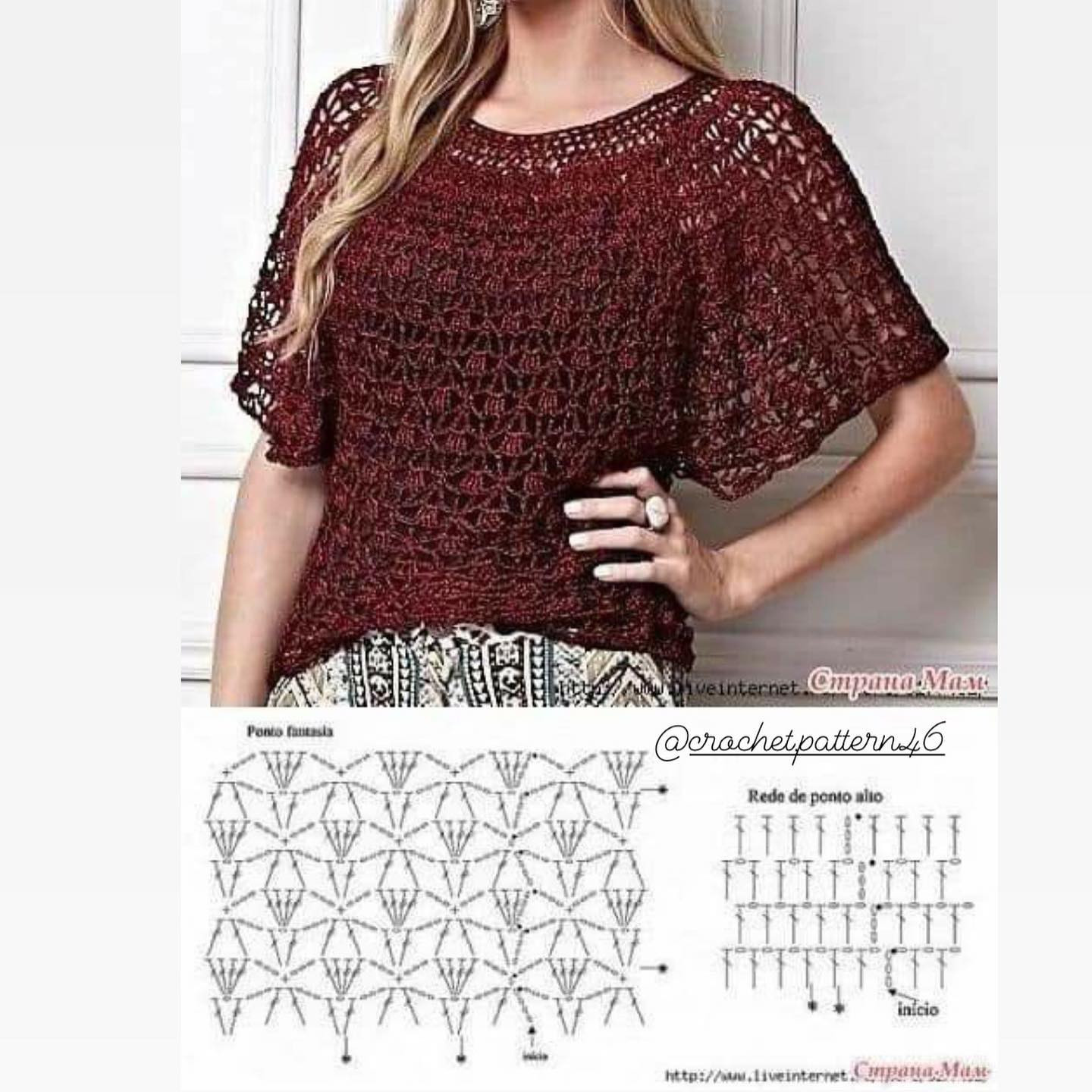 Collection of Crochet Top Patterns with Charts: Yellow Fan Stitch, White Lace, and Purple Shell Designs