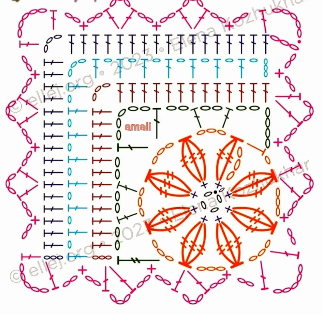 Colorful Crochet Square Motif Charts - Granny Squares Patterns with Amali