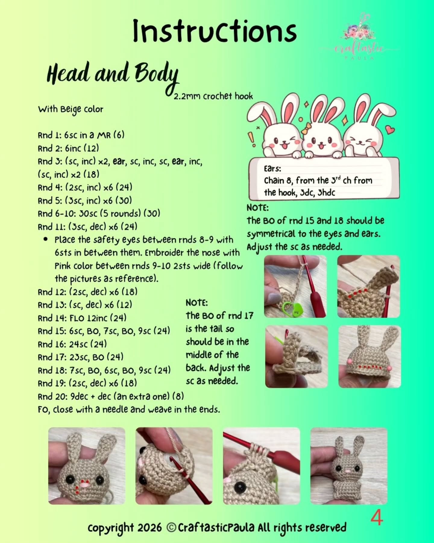 Connie the mini Bunny Free Crochet Pattern by CraftasticPaula, cute beige amigurumi with pink bow