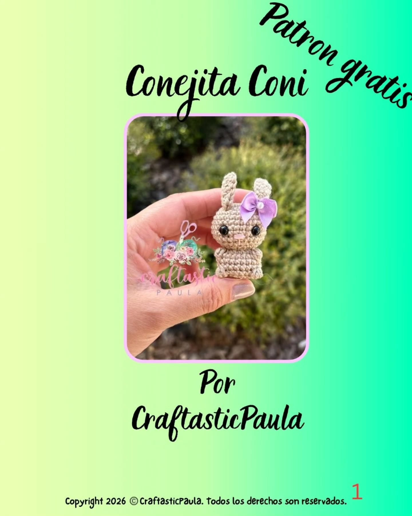 Connie the mini Bunny Free Crochet Pattern by CraftasticPaula, cute beige amigurumi with pink bow