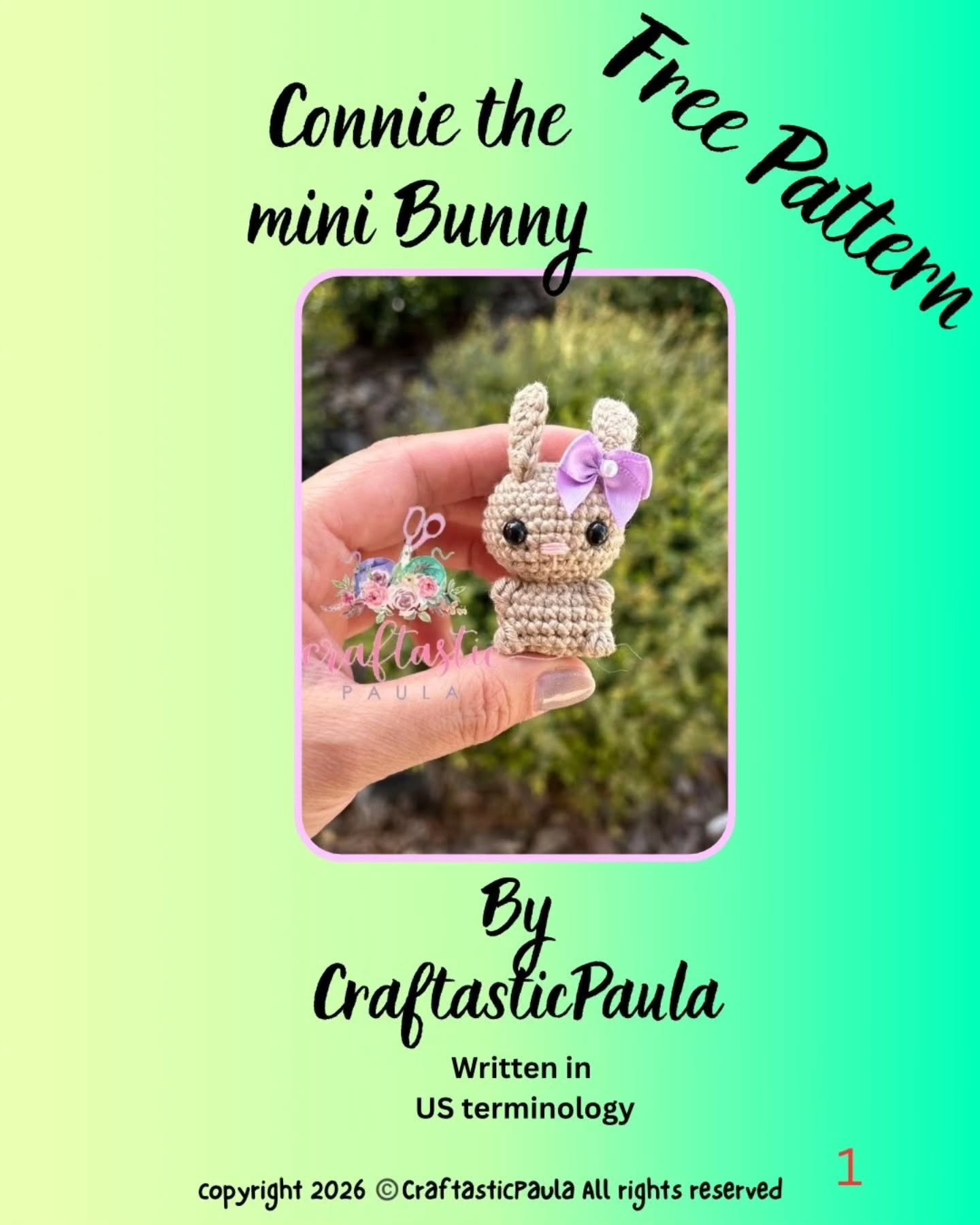 Connie the mini Bunny Free Crochet Pattern by CraftasticPaula, cute beige amigurumi with pink bow