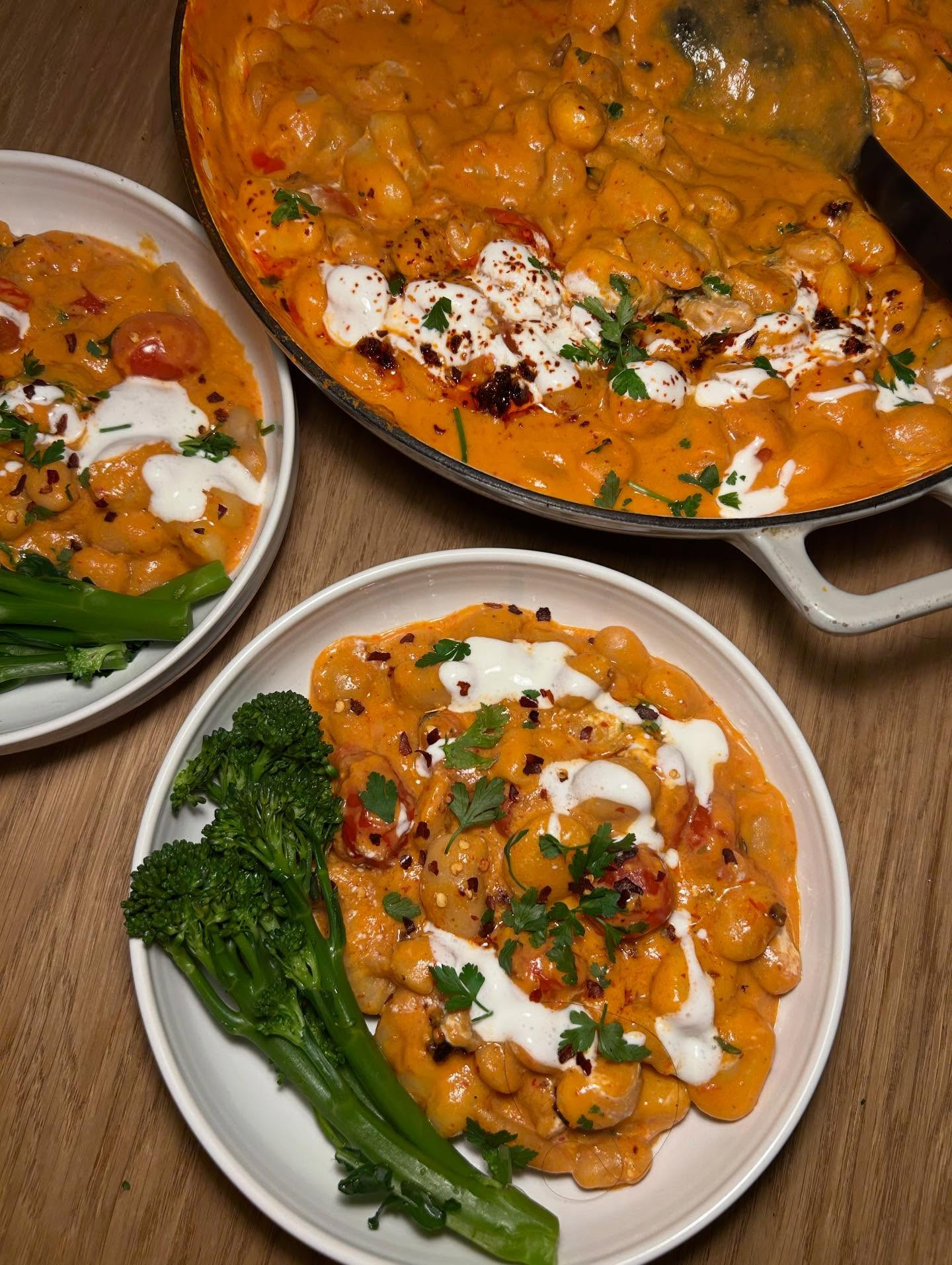 Creamy Harissa Butter Beans & Gnocchi with Broccoli
