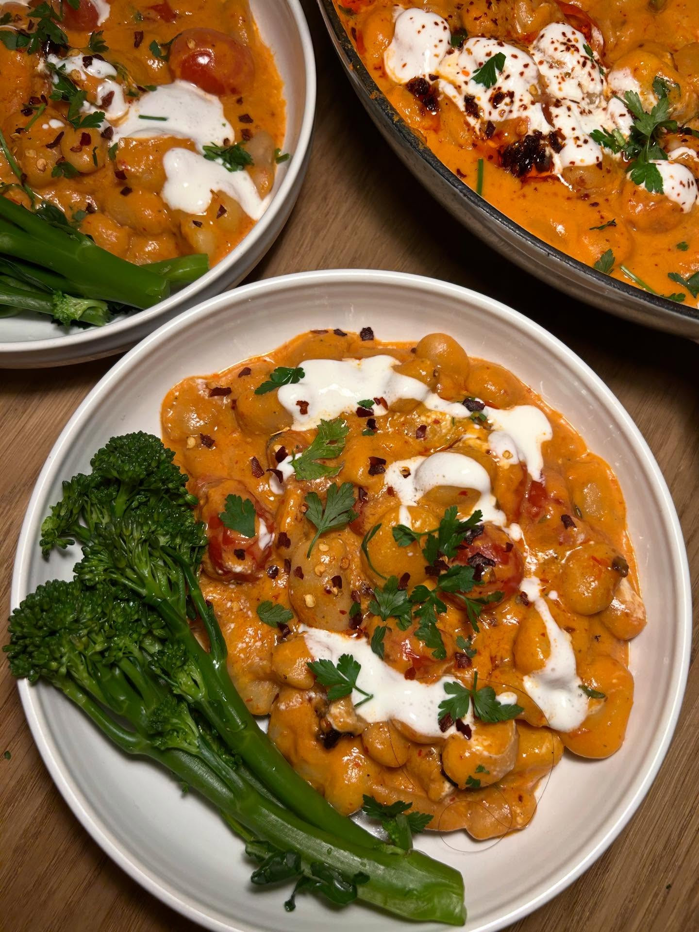 Creamy Harissa Butter Beans & Gnocchi with Broccoli