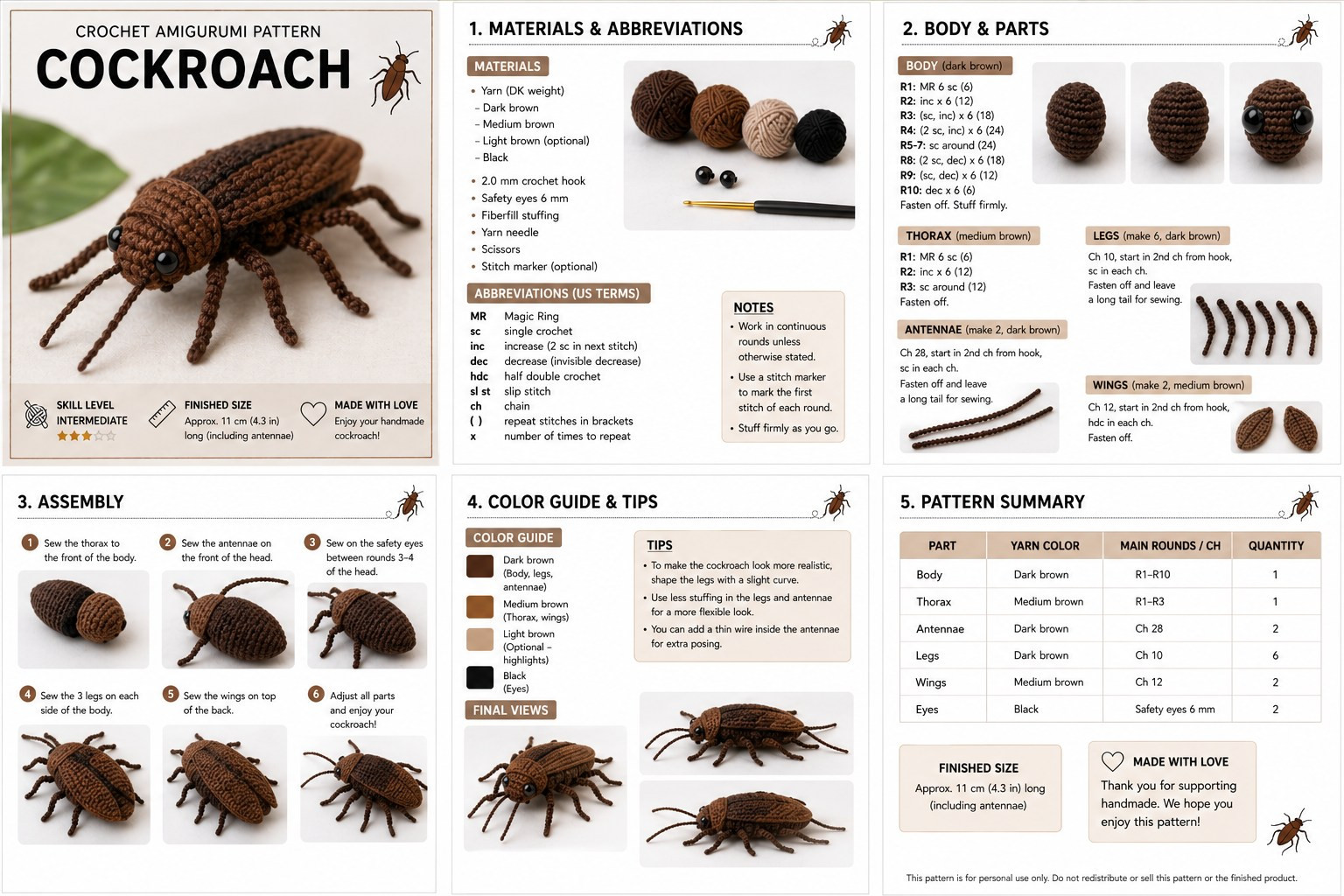 Crochet Amigurumi Cockroach Pattern: Materials, Assembly Steps, and Color Guide for Intermediate Level