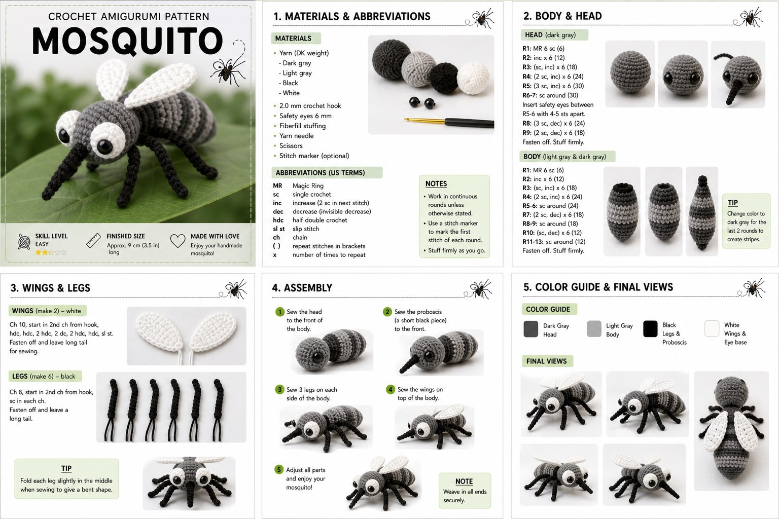 Crochet Amigurumi Pattern: Cute Gray and White Mosquito Doll with Step-by-Step Instructions