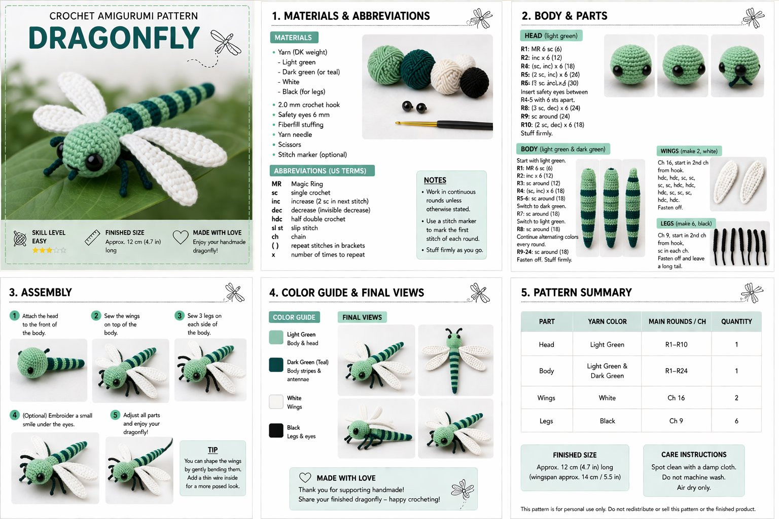 Crochet Amigurumi Pattern: Dragonfly - Full Instructions, Materials, and Assembly Guide